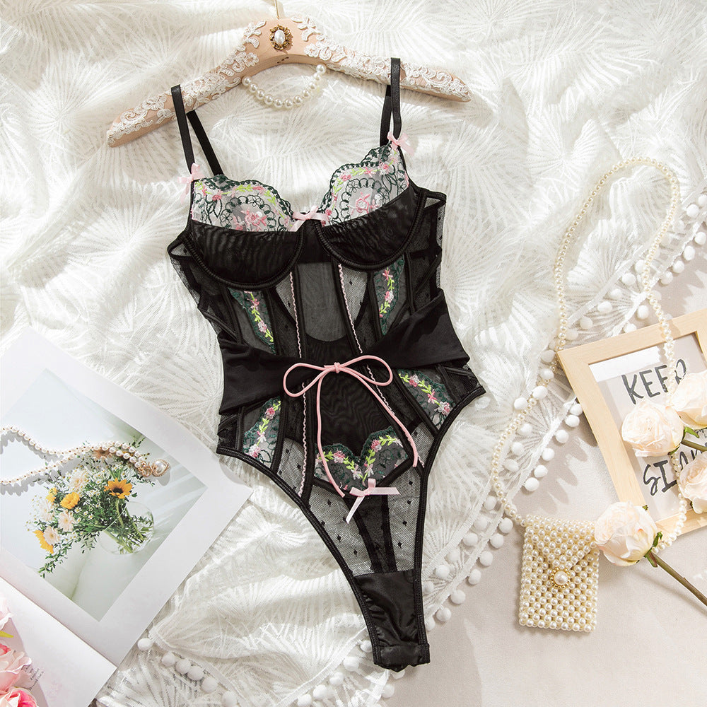 Lace Embroidery Sheer Mesh Bow Waist-Cinching Bodysuit