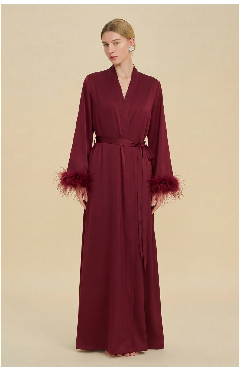 Feather Trim Luxury Robe | High-End Satin Bathrobe for Women
