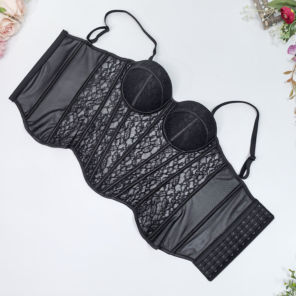 Mesh Off-Shoulder Lace Fishbone Corset Bra