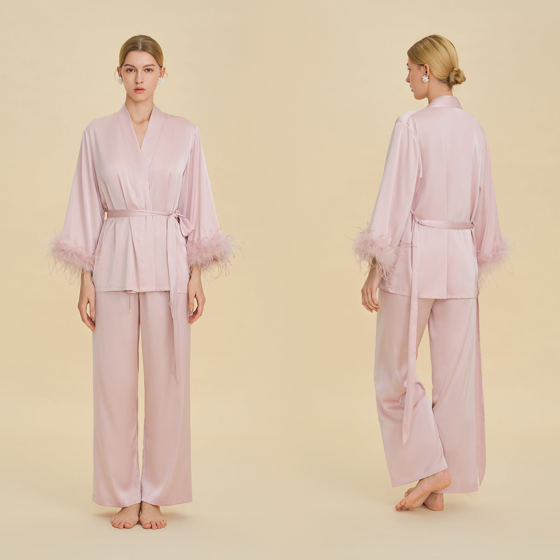 Feather Trim Long Sleeve Pajama Set | Detachable Luxury Loungewear