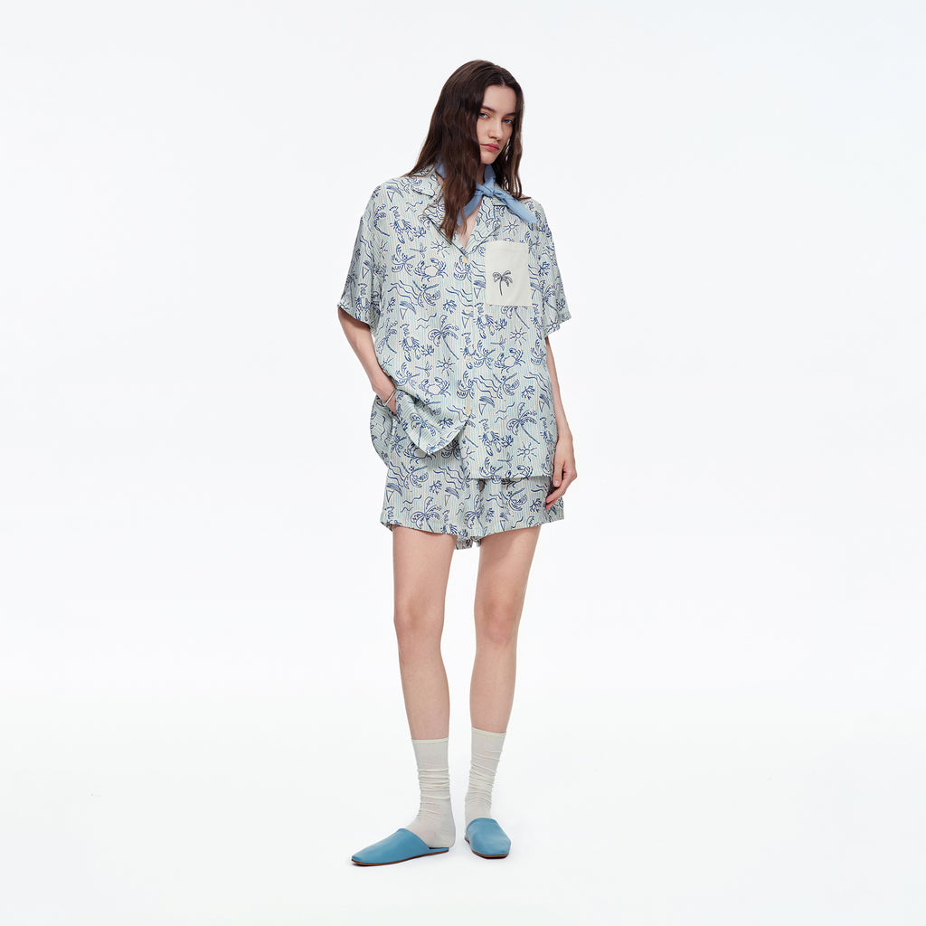 Blue Island Print Short Sleeve Pajama Set | Summer Loungewear You Can Wear Outside