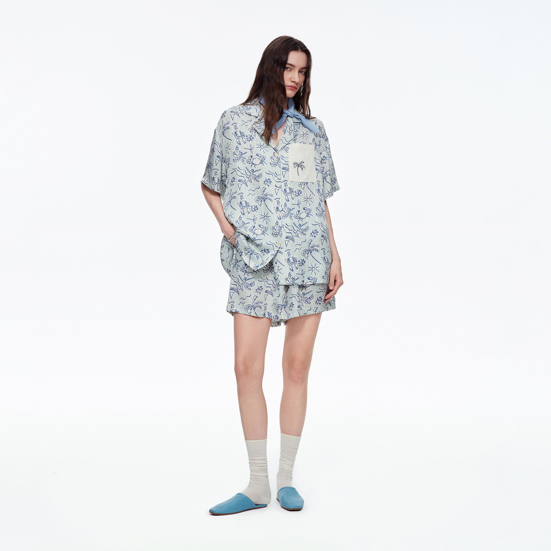 Blue Island Print Short Sleeve Pajama Set | Summer Loungewear You Can Wear Outside