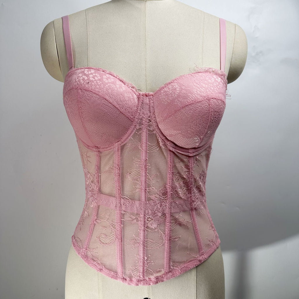 Solid Lace Off-Shoulder Fishbone Corset Bra