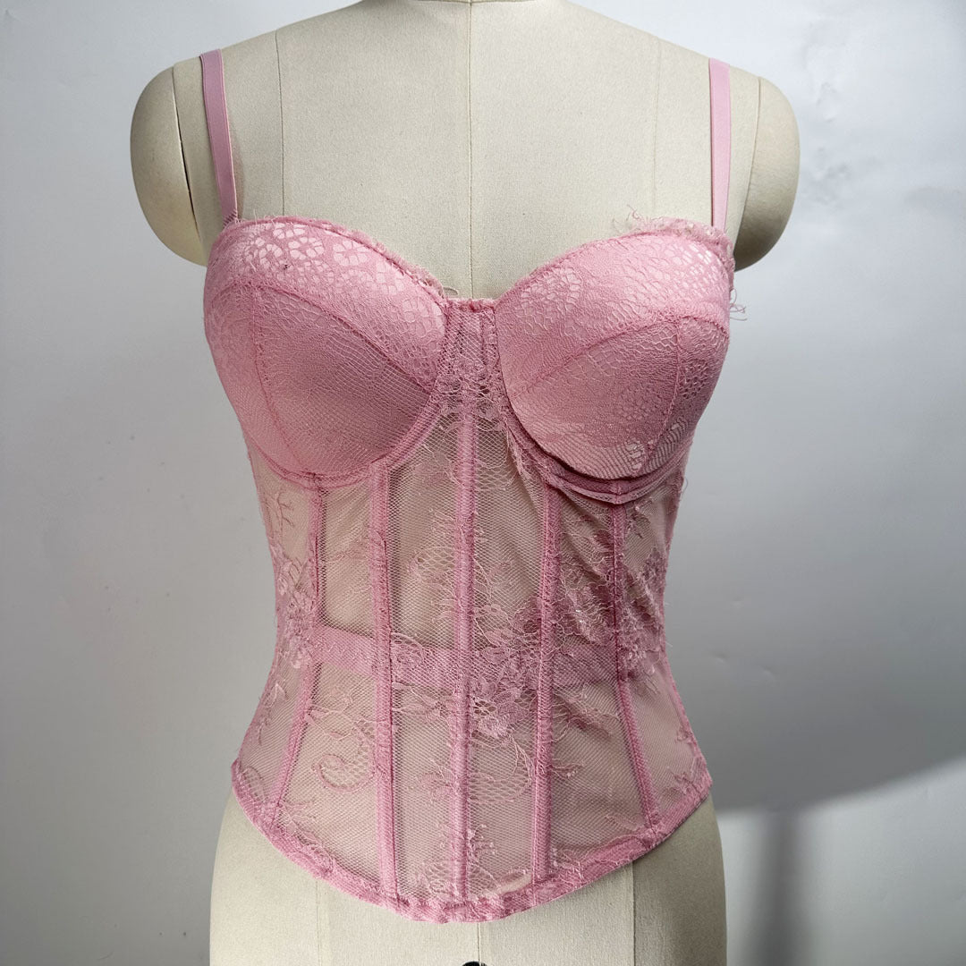 Solid Lace Off-Shoulder Fishbone Corset Bra