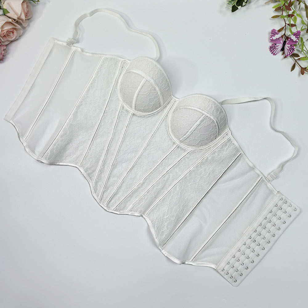 Mesh Off-Shoulder Lace Fishbone Corset Bra