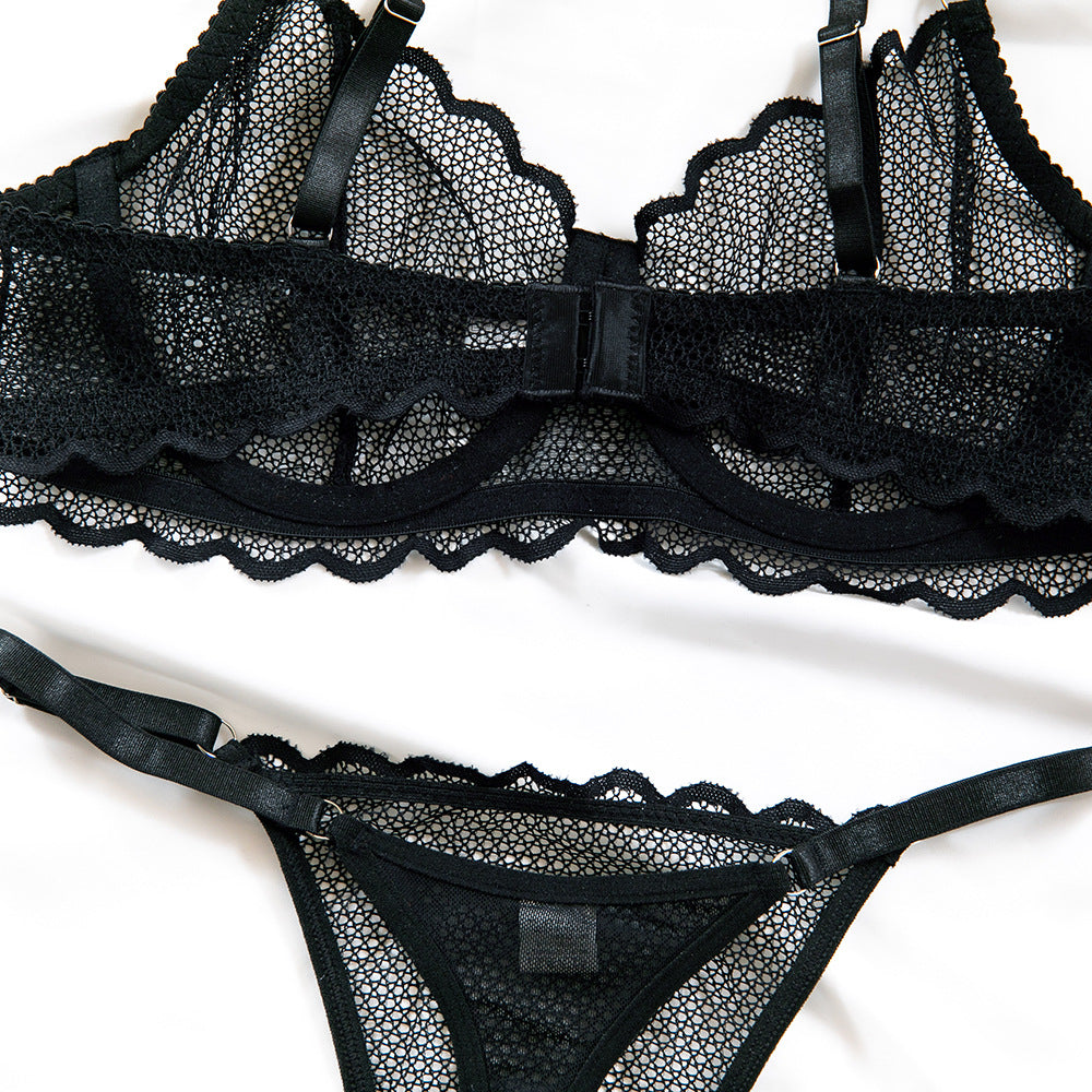 Cross-border French sexy lace mesh ultra-thin summer new underwear comfortable top support with steel ring bra set