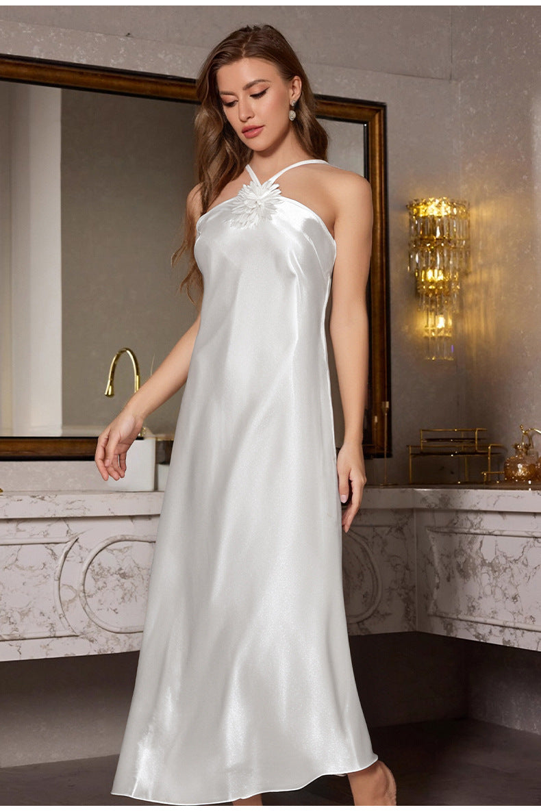 Halter Neck Open Back Satin Sleep Dress – Sexy Long Nightgown