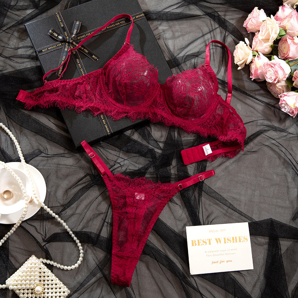 Burgundy Lightweight Lace Breathable Lift Minimizing Bra Set