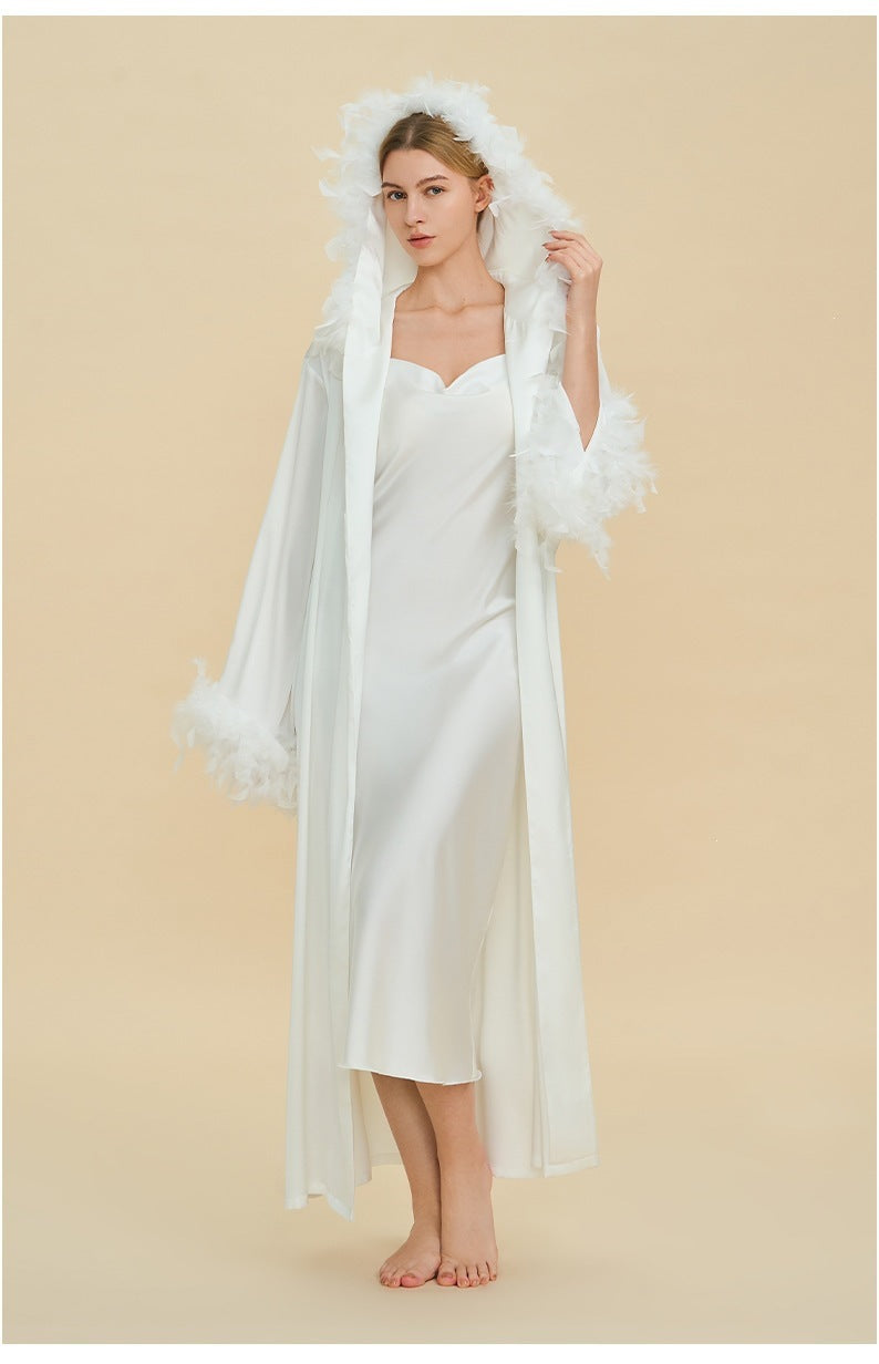 Hooded Feather Trim Long Robe | Detachable Luxury Loungewear