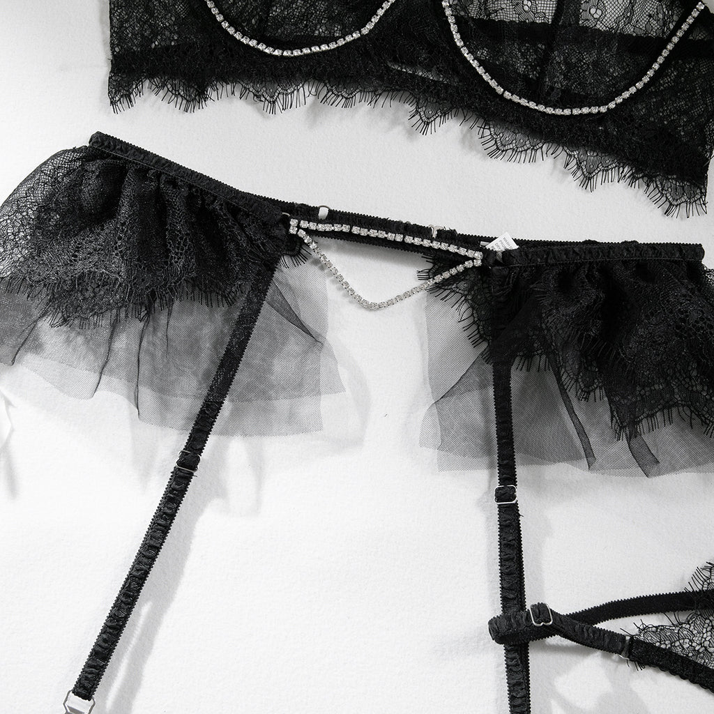 Crystal Lace Sheer Gathering Lingerie Four-Piece Set