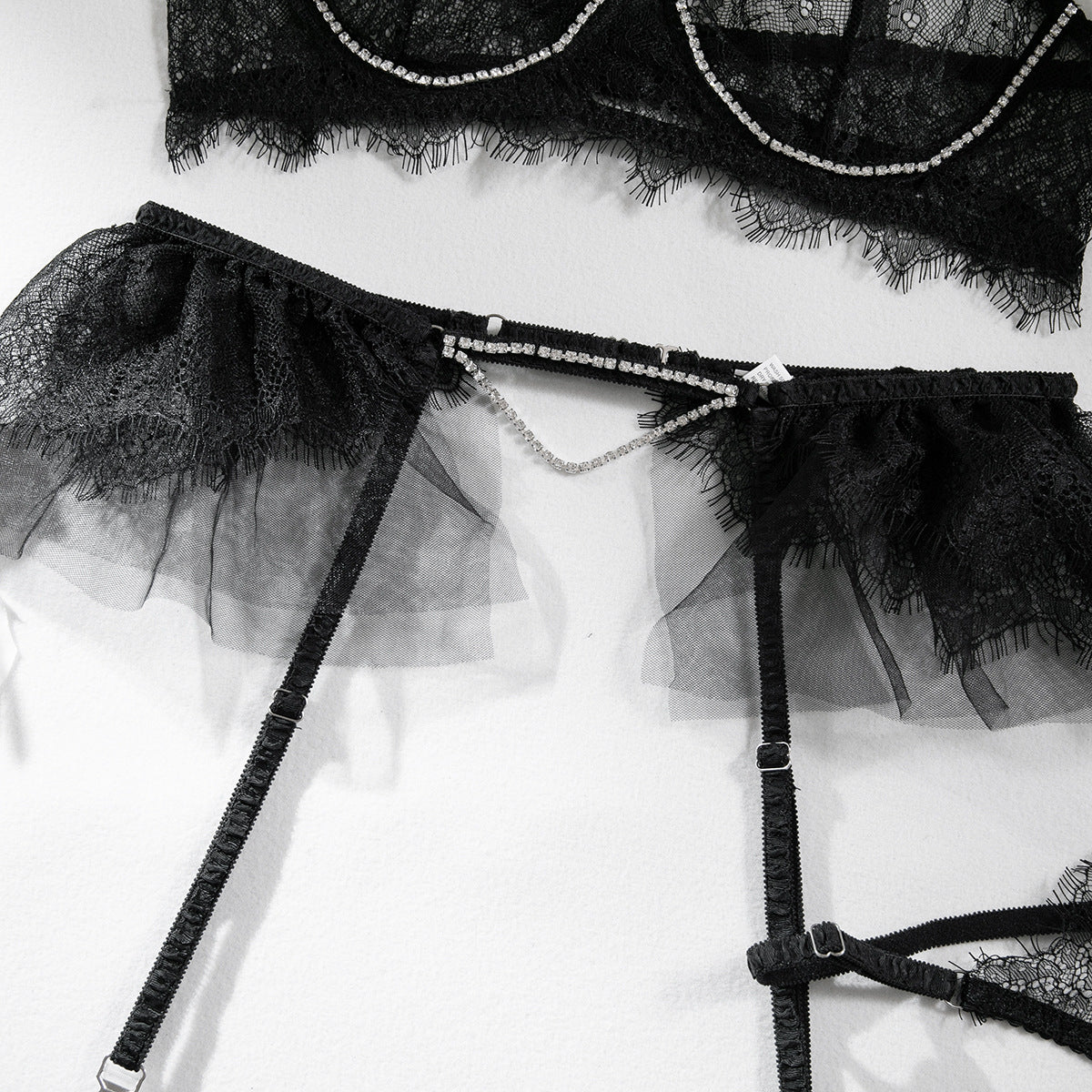 Crystal Lace Sheer Gathering Lingerie Four-Piece Set