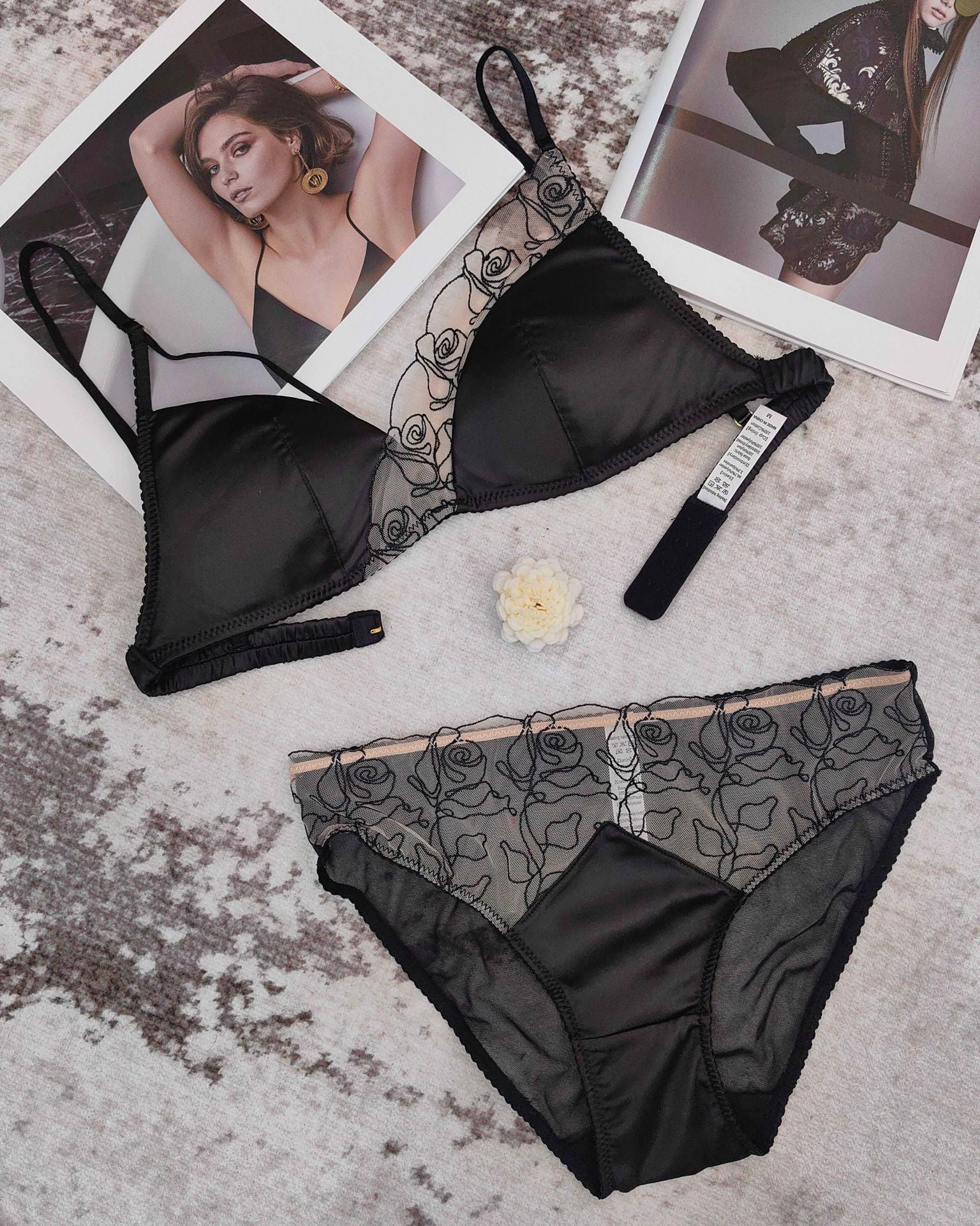 French Embroidered Lace Lingerie Set – Wireless Bra with Thong or Briefs | 5 Colors