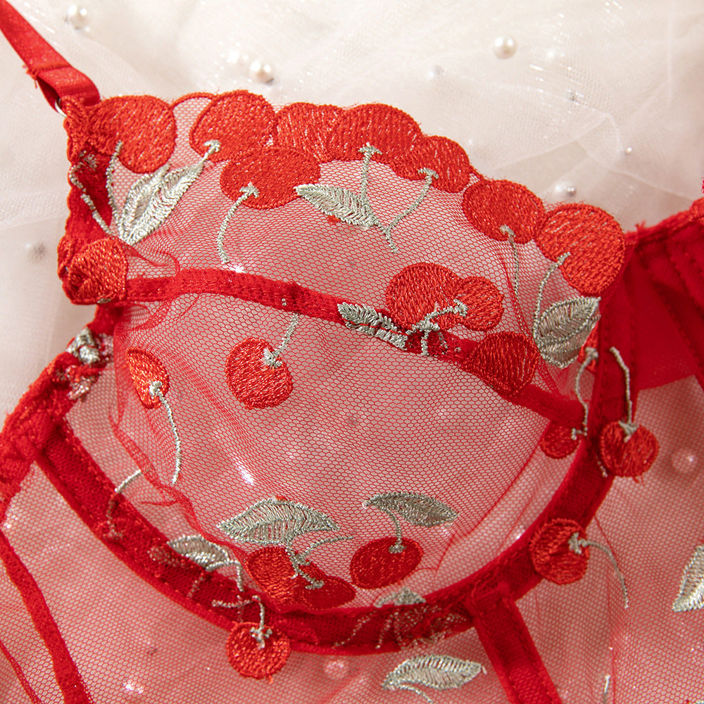 Red Embroidery Sheer Three-Point Lift Comfort Bra Set