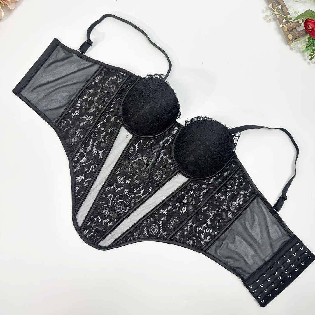Lace & Mesh Splice Fishbone Corset Bra