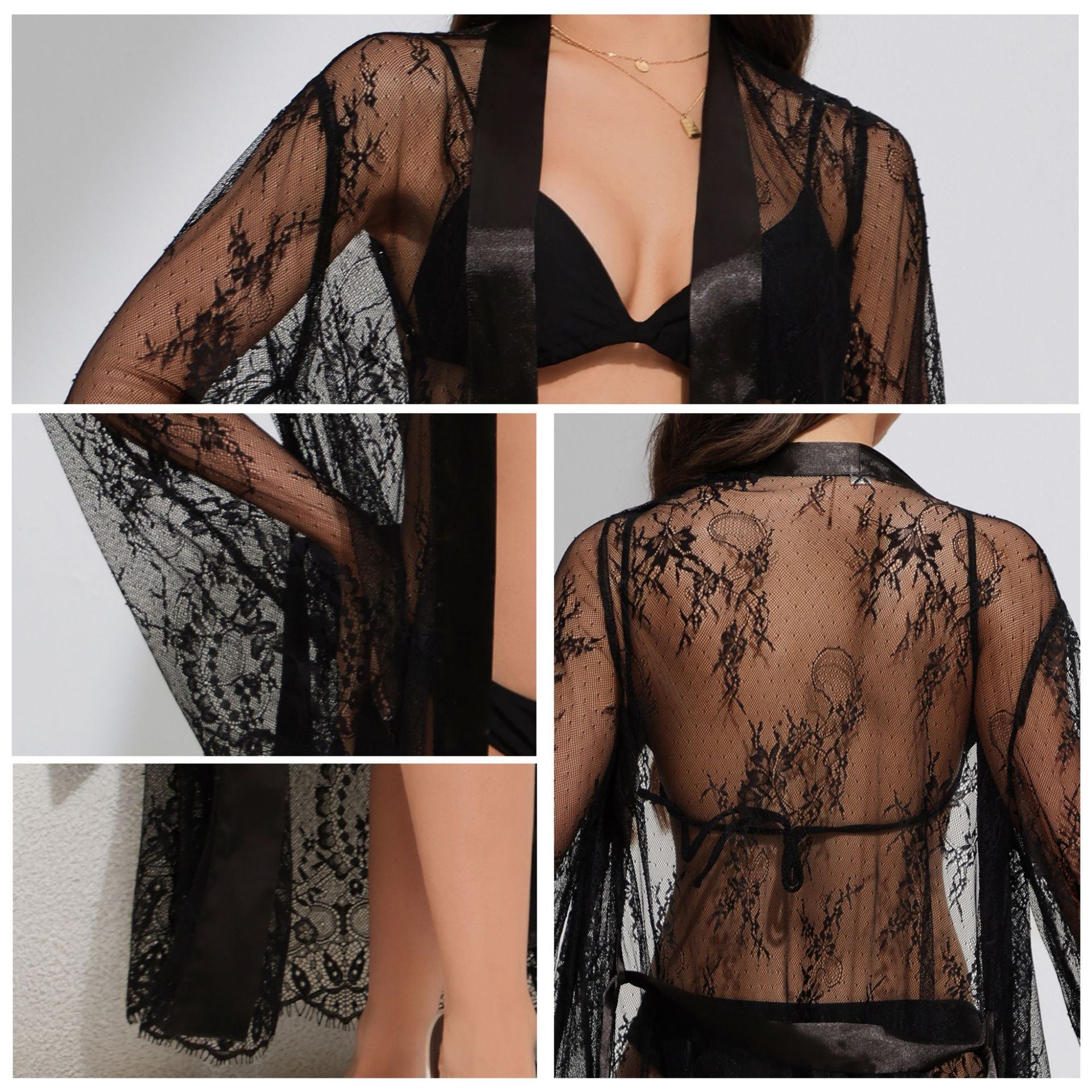 Black Lace Long Robe & Nightgown Set | Sheer Sleepwear