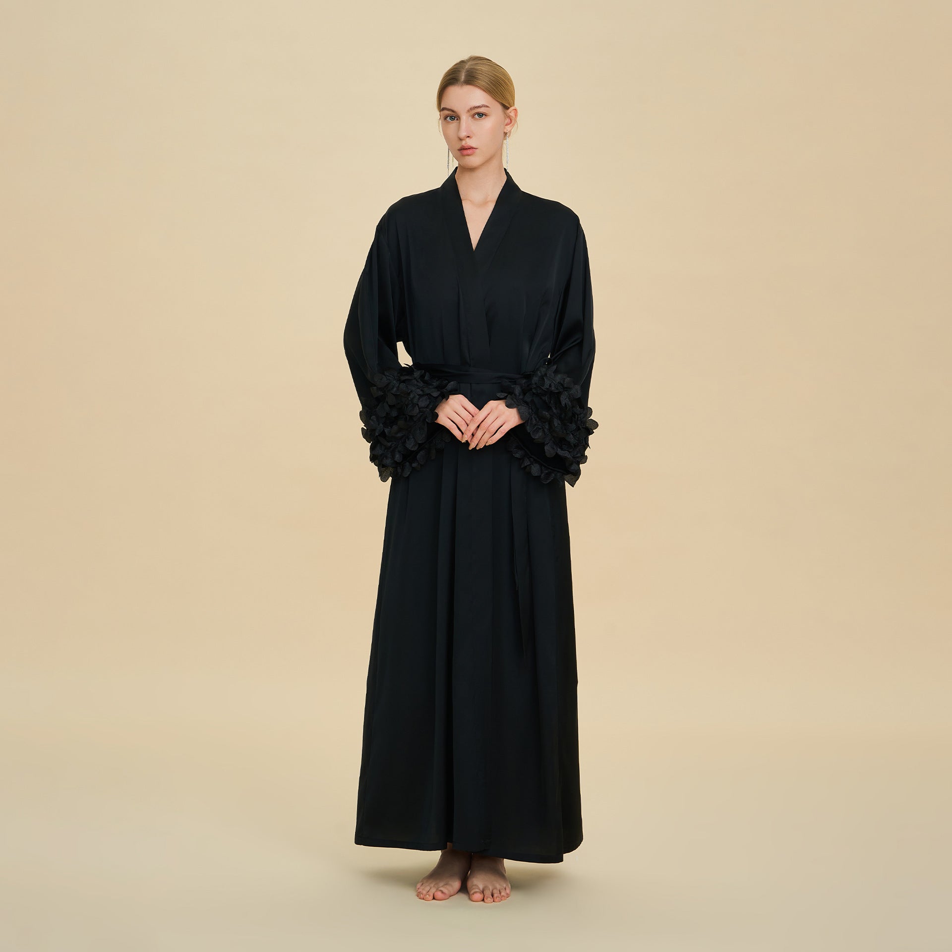 Satin Chiffon Bell Sleeve Cardigan Robe – Loose Fit Long Loungewear