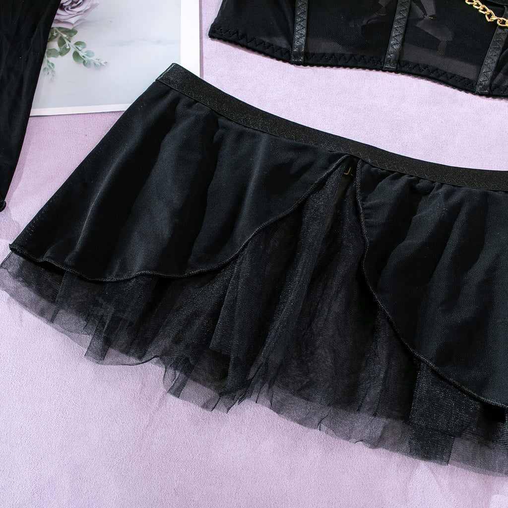 Sheer Mesh Skirt Chain Halter Glove