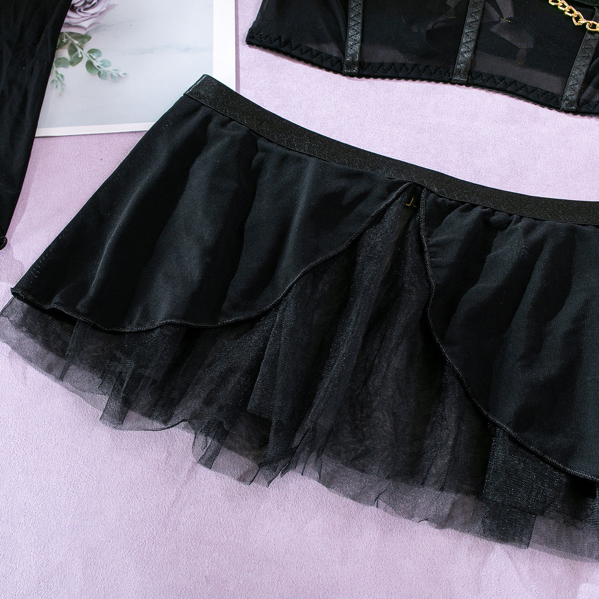 Sheer Mesh Skirt Chain Halter Glove
