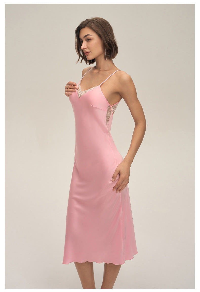 Satin Chiffon Lace Spaghetti Strap Mid-Length Nightdress — Sexy Loungewear