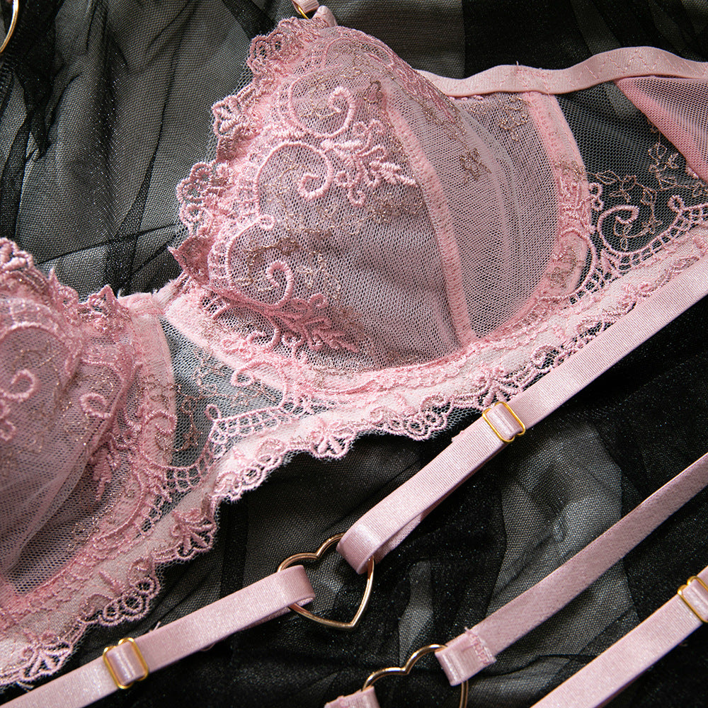 Pink Embroidered Heart Halter Lingerie Set