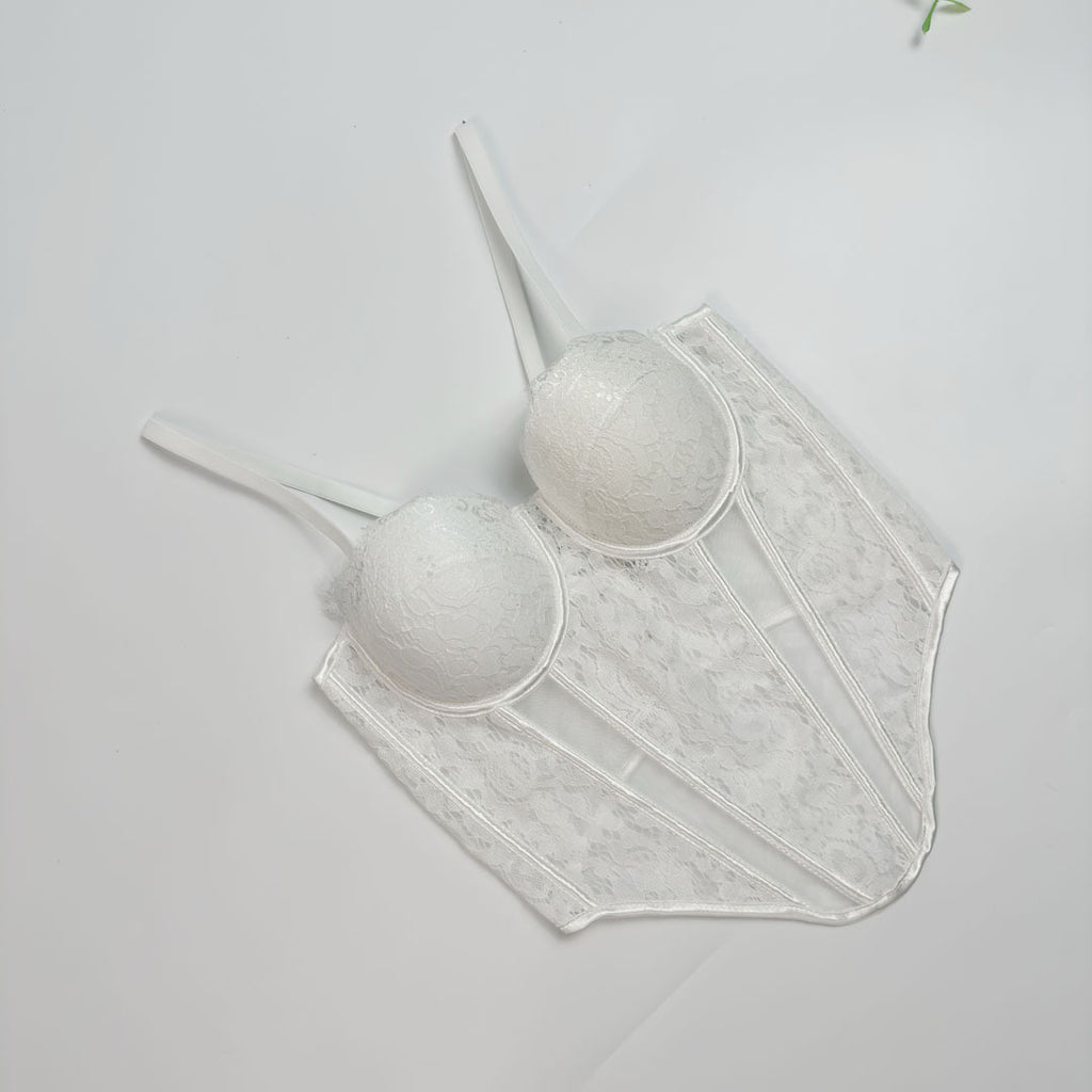 Lace & Mesh Splice Fishbone Corset Bra