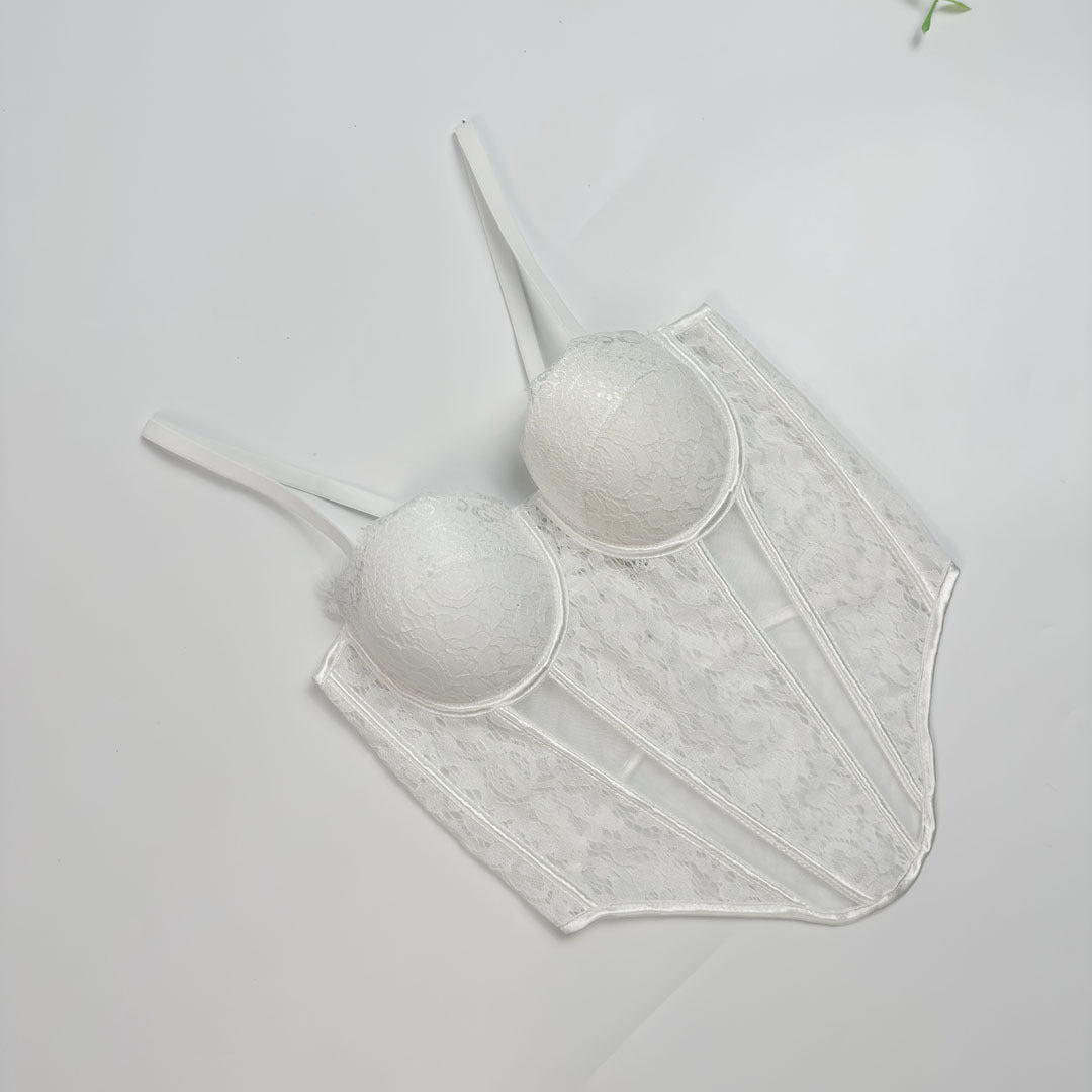 Lace & Mesh Splice Fishbone Corset Bra