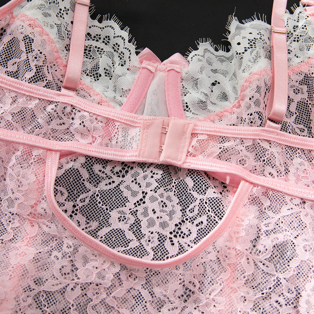 Pink Color-Block Lace Frill Stretch Bodysuit with Garter & Stockings