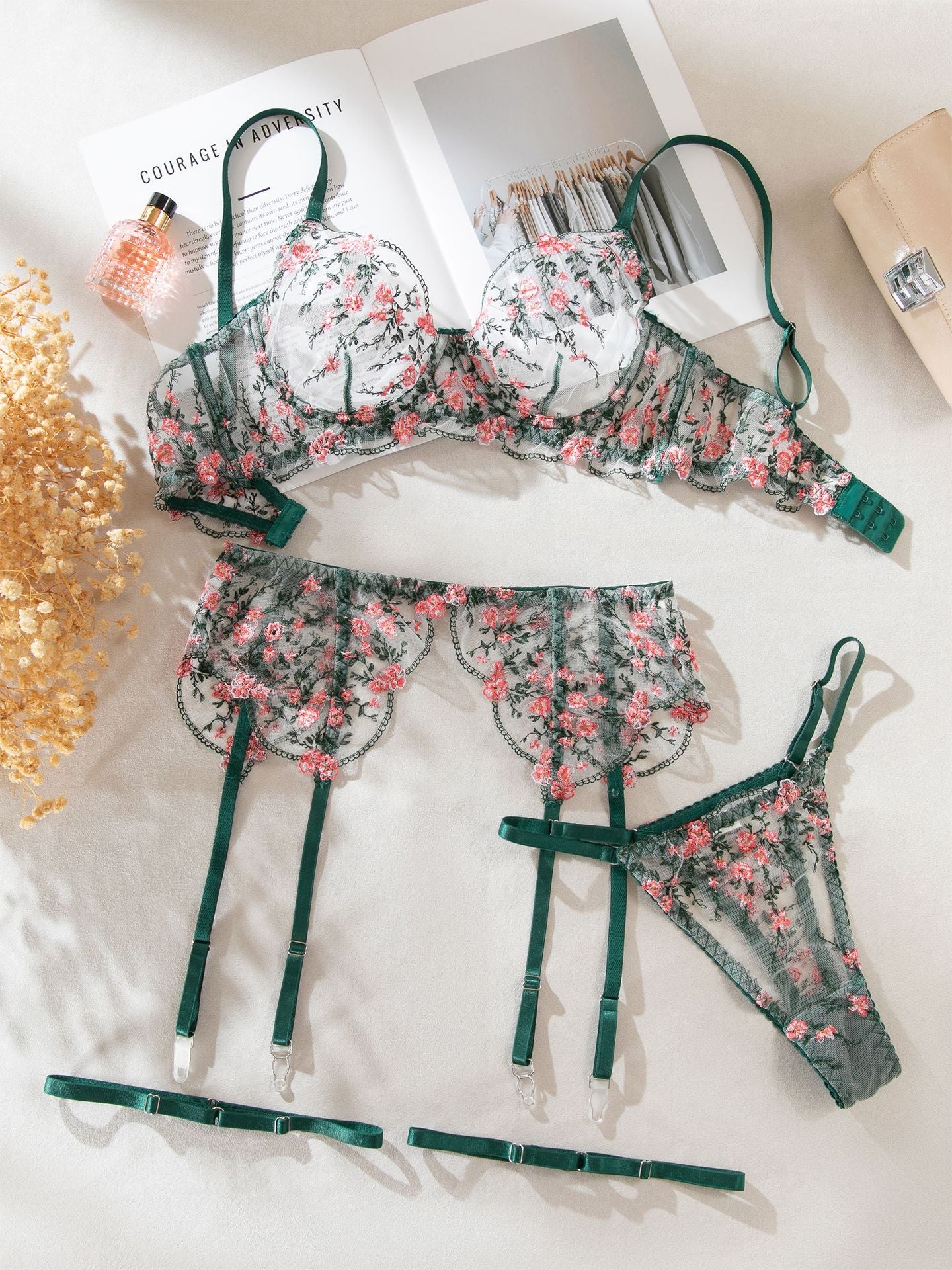Green Embroidered Sheer Gathering Four-Piece Set