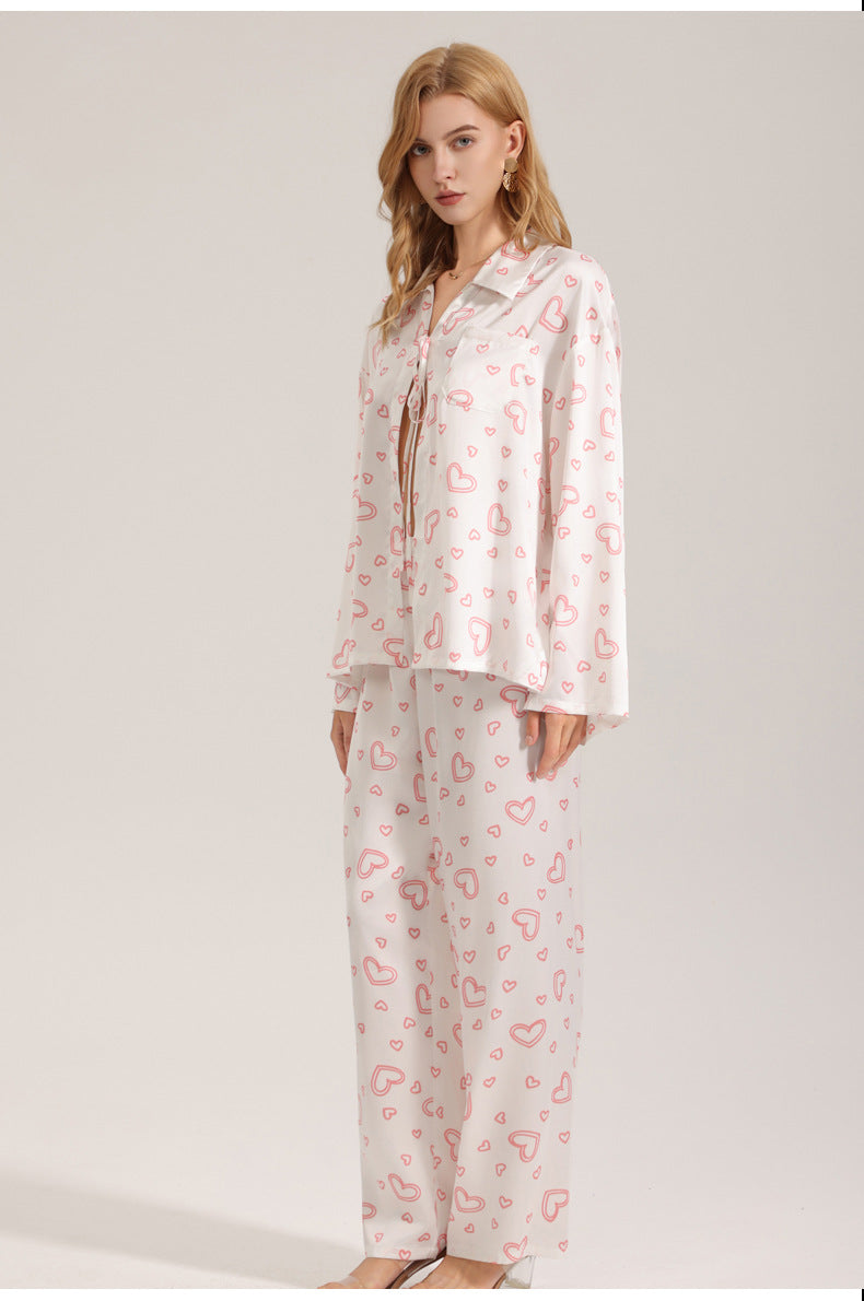 Heart Print Satin 3-Piece Pajama Set – Cami, Long Sleeve & Pants