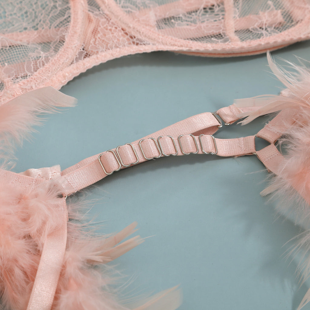 Feather Trim Lace Chain Slim Lingerie Set