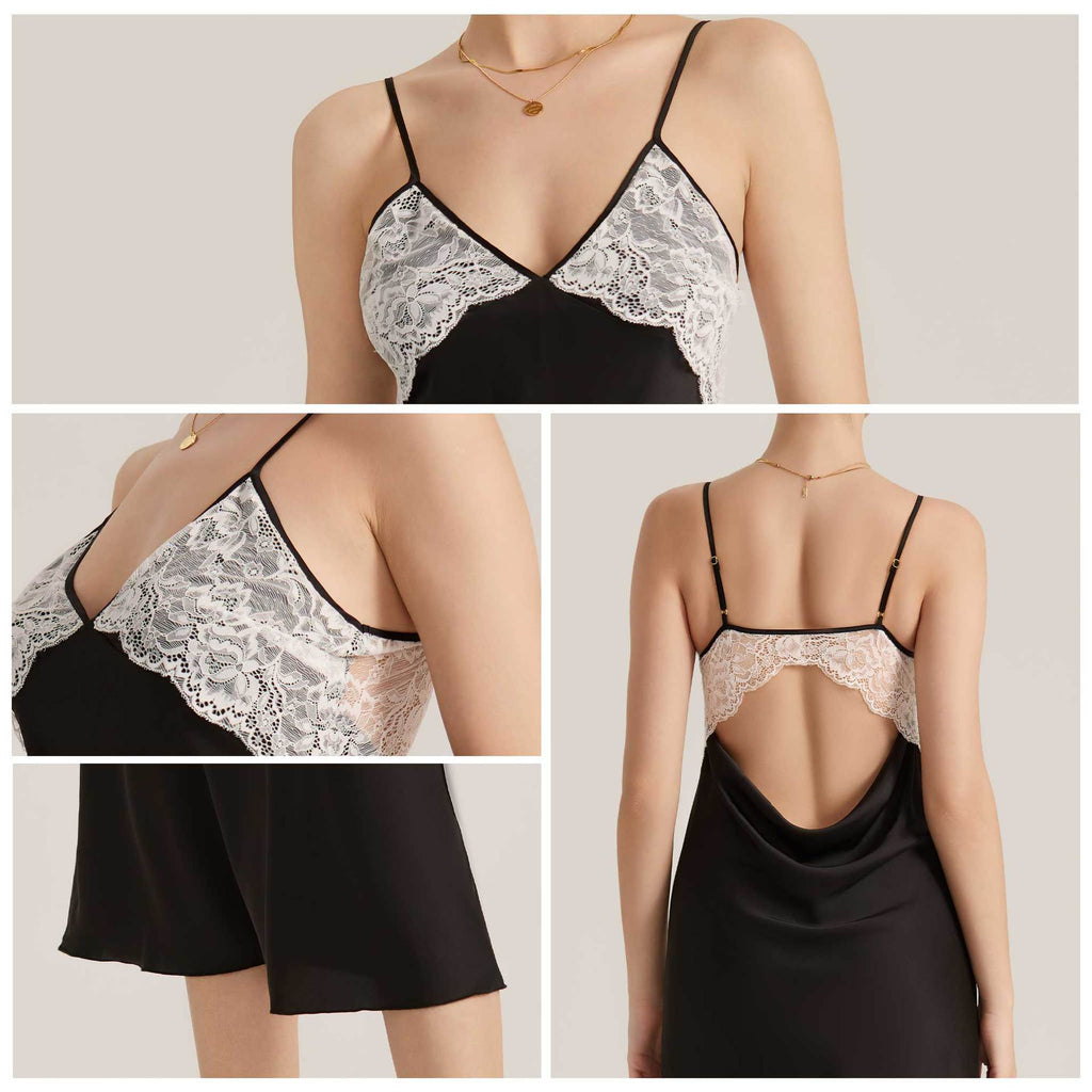 Lace Splice Satin Chiffon Backless Spaghetti Strap Nightdress — Sexy Loungewear