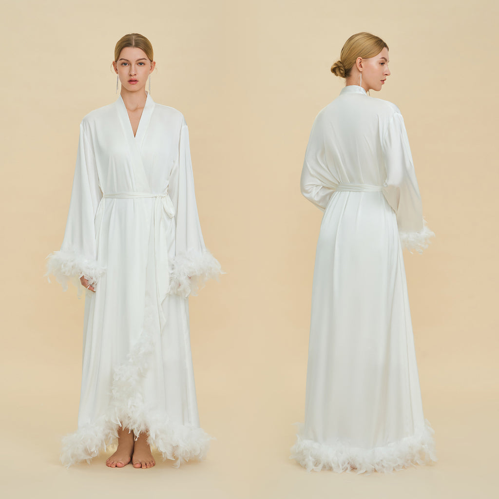 Feather Cardigan & Slip Dress Set | Luxury Long-Sleeve Loungewear