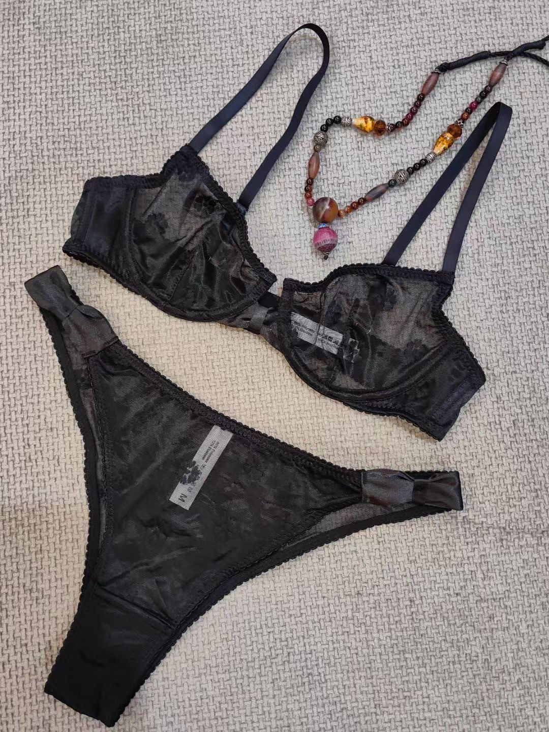 French Flocked Embroidery Sheer Bra Set