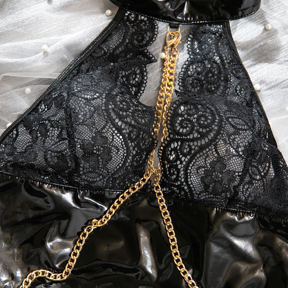 Lace Patent Leather Halter Chain Bodysuit