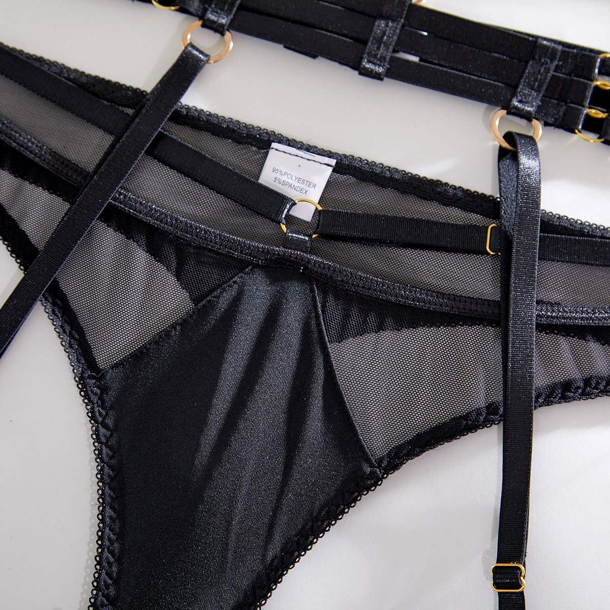 Lace Hollow-Out Mesh Gathering 4-Piece Lingerie Set
