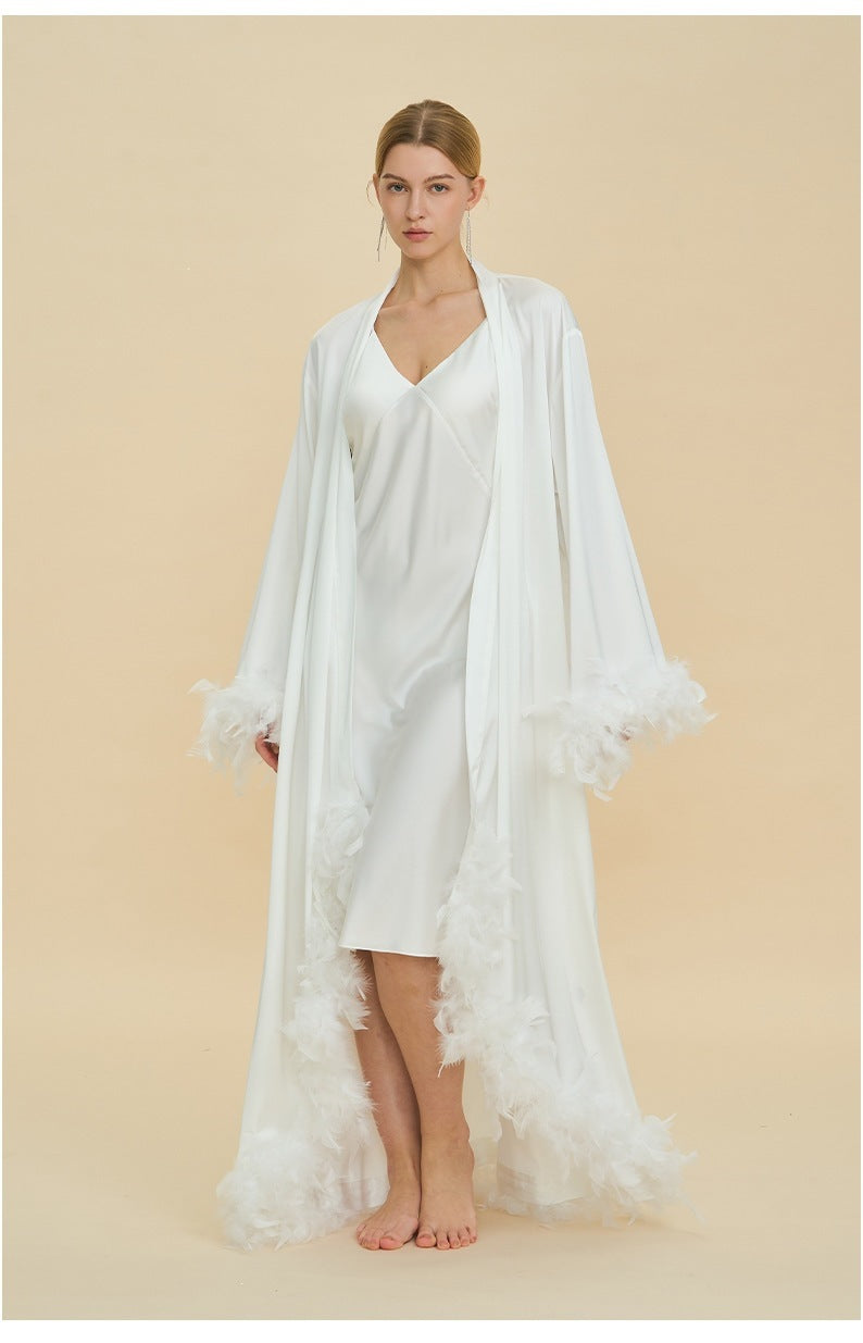 Feather Trim Trailing Long Morning Robe | Luxury Nightgown Robe