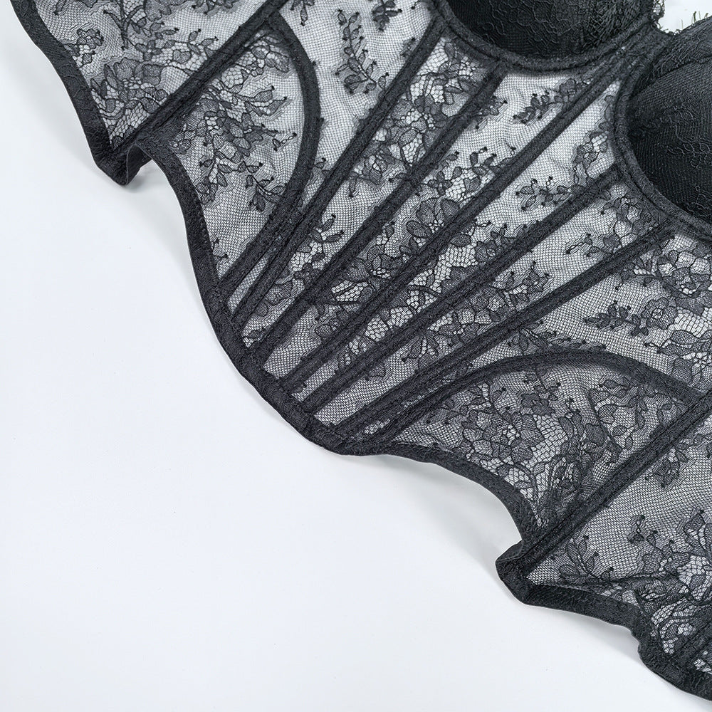 Lace Print Off-Shoulder Fishbone Corset Bra