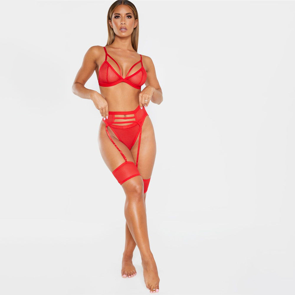 Sheer Mesh Sexy Five-Piece Lingerie Set with Stockings