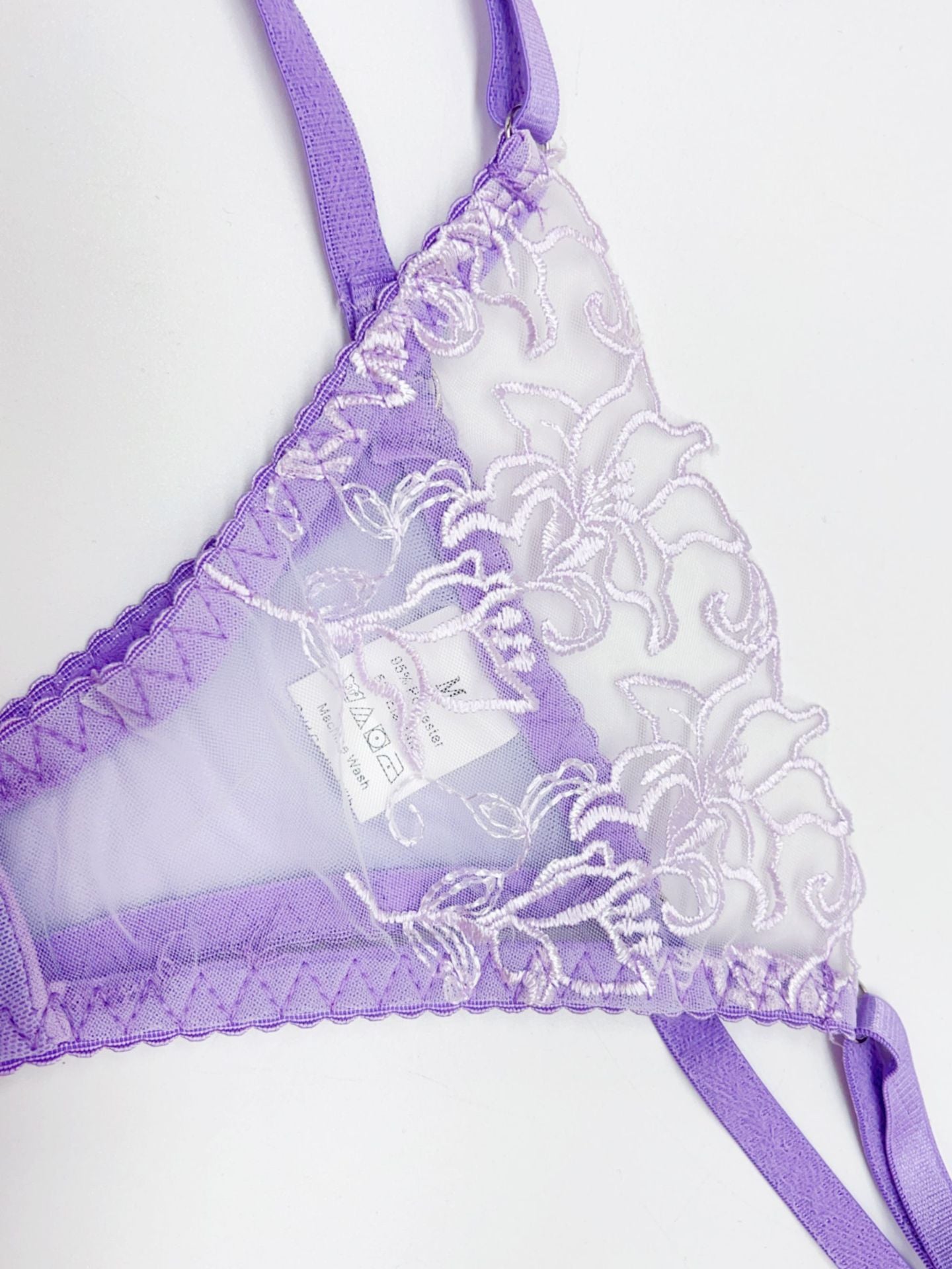 Lace Bra, Thong & Leg Ring Set – Sheer Embroidery, 3-Piece