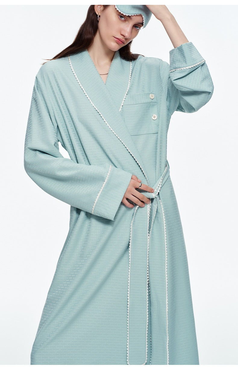 Stripe Waist-Tie Long Morning Robe | Soft Loungewear with Sleep Mask