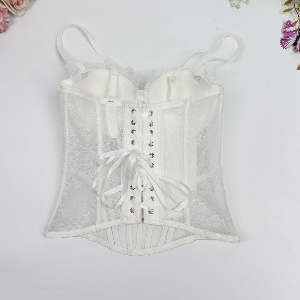 Lace Print Off-Shoulder Fishbone Corset Bra