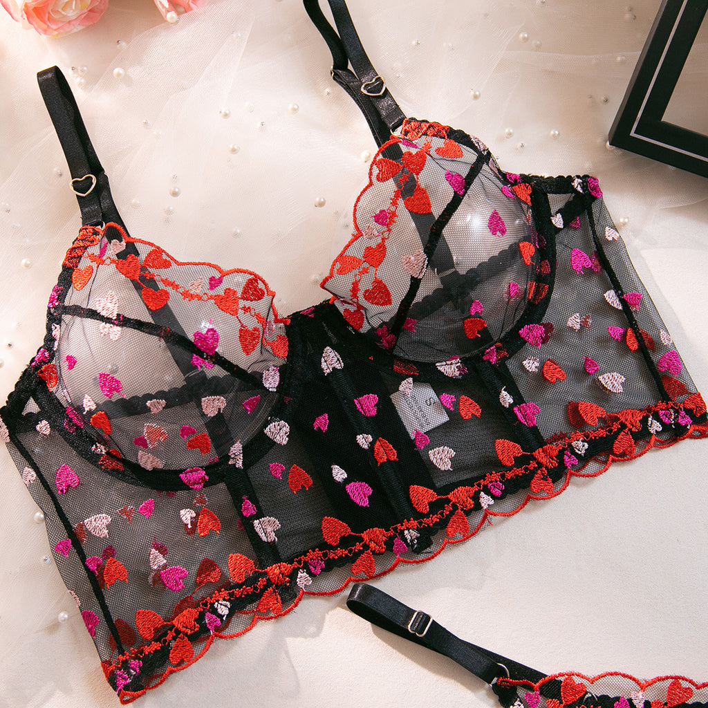 Heart Embroidery Mesh Underwire Lift Bra Set