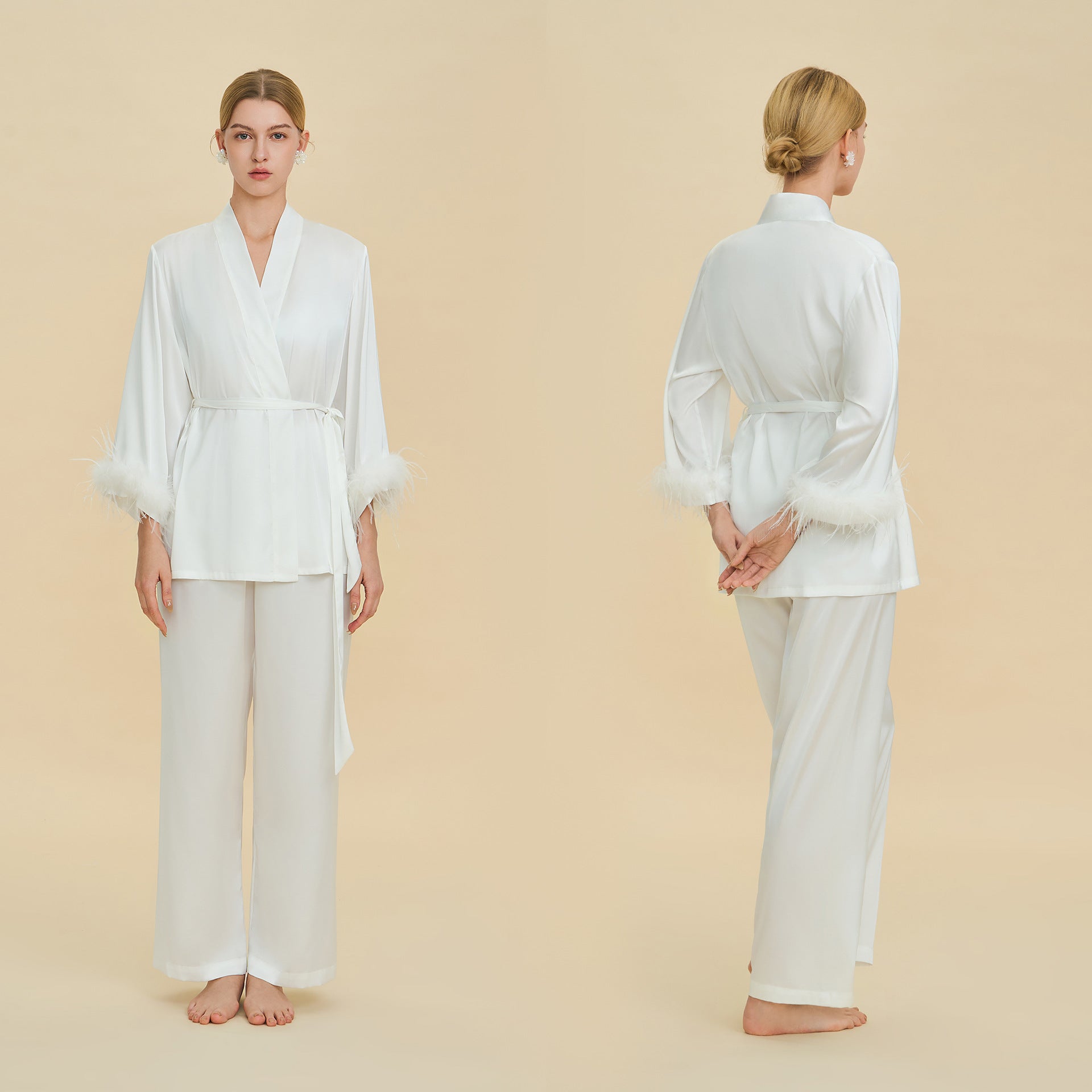Feather Trim Long Sleeve Pajama Set | Detachable Luxury Loungewear