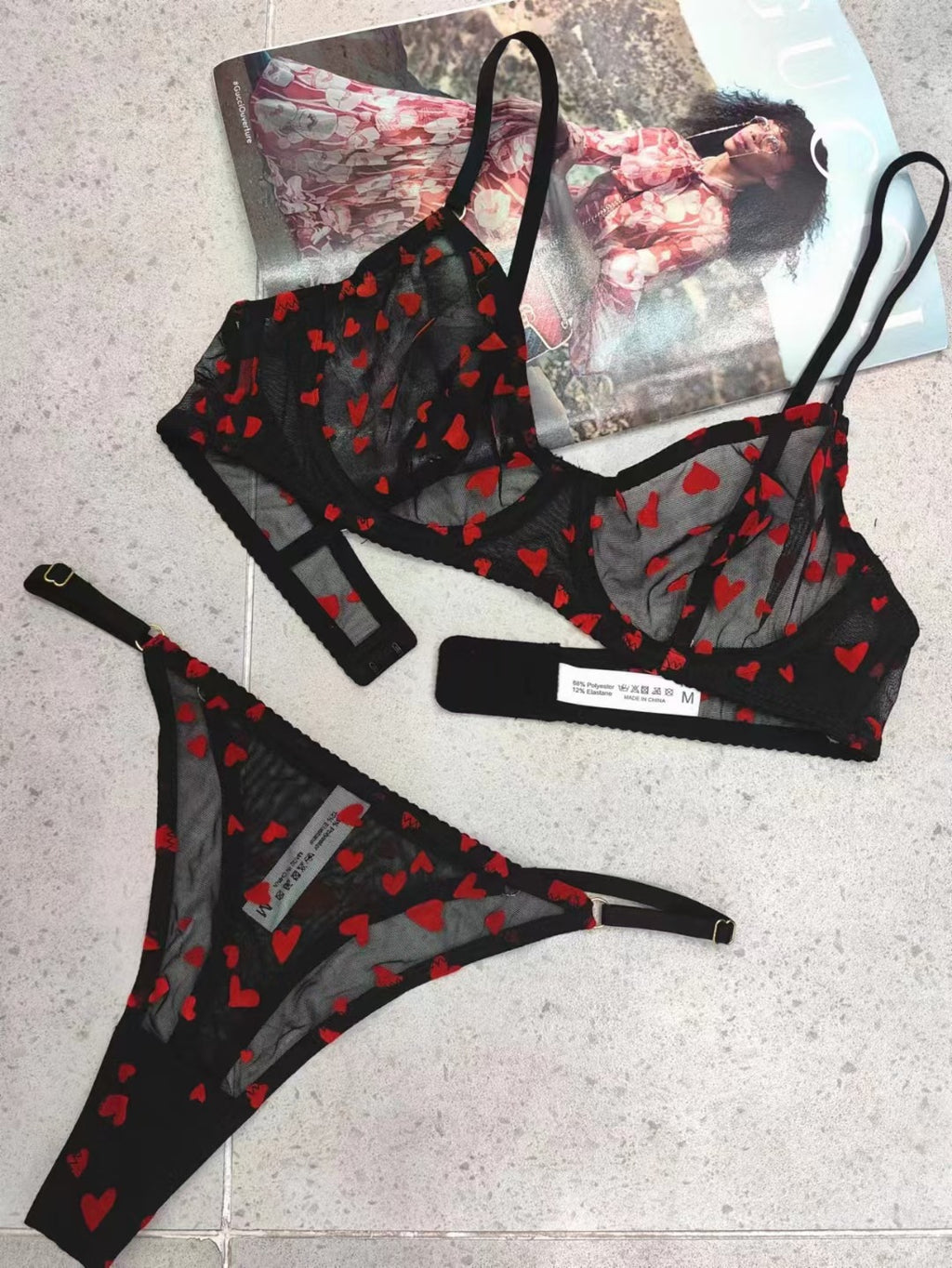 Heart Print Mesh Lace Bra Set – French Ultra-Thin, Push-Up