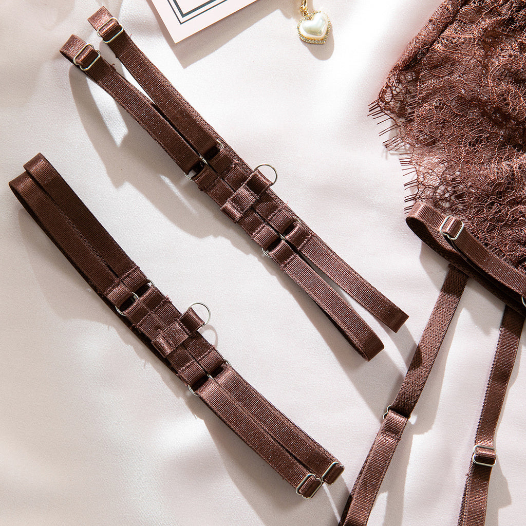 Mocha Ultra-Thin Lace Underwire Bra Set with Waist Belt