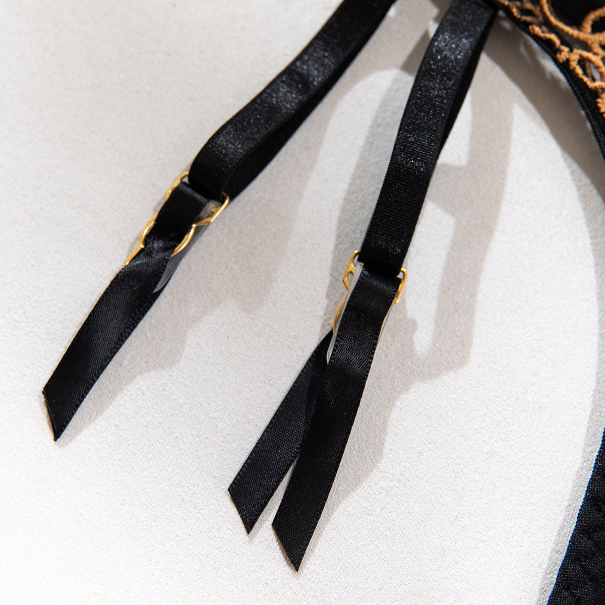 Black Lace Gold Thread Embroidery Underwire Garter Belt Leg Ring Lingerie Set