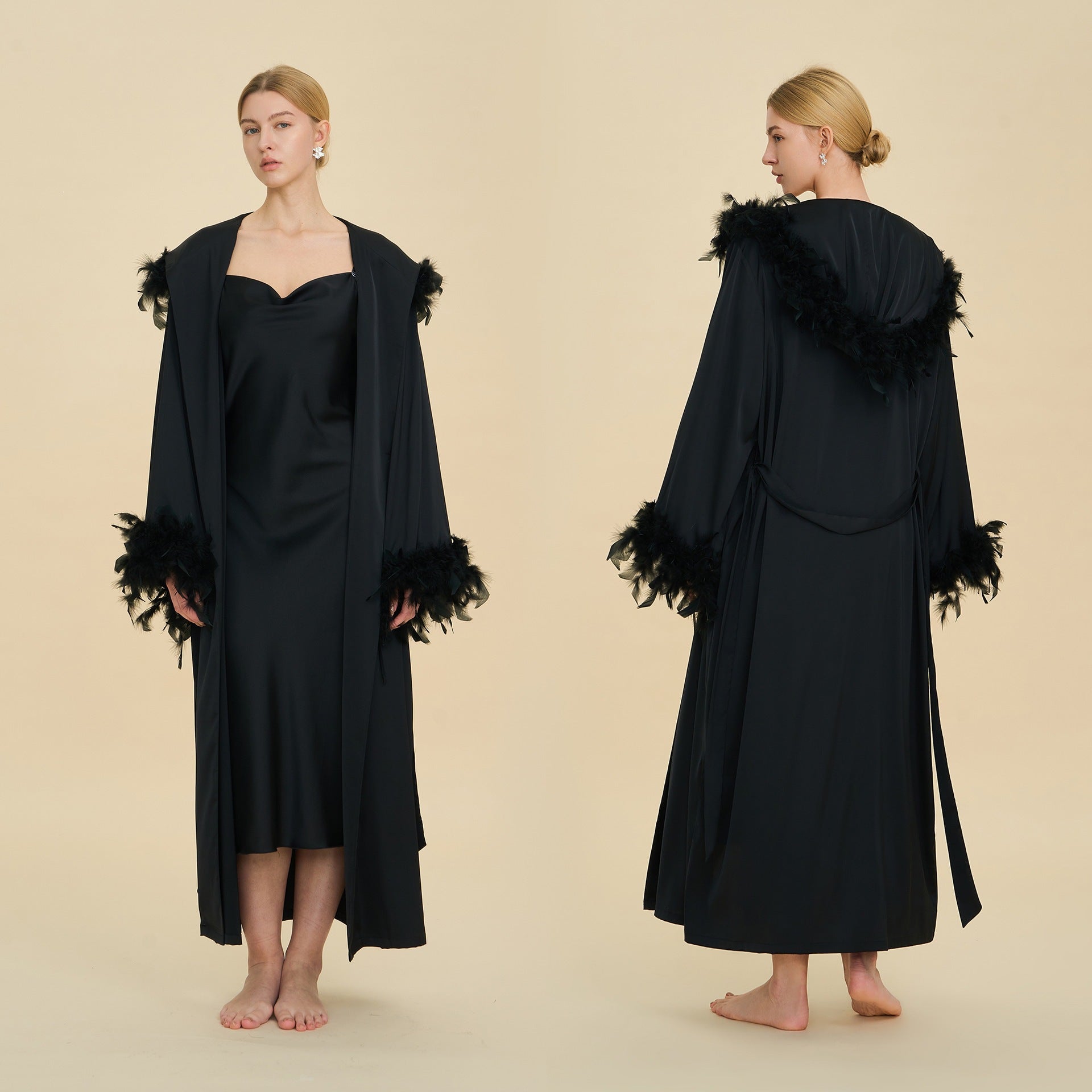 Slip Dress & Hooded Marabou Robe Set | Luxury Ice Silk Sleepwear