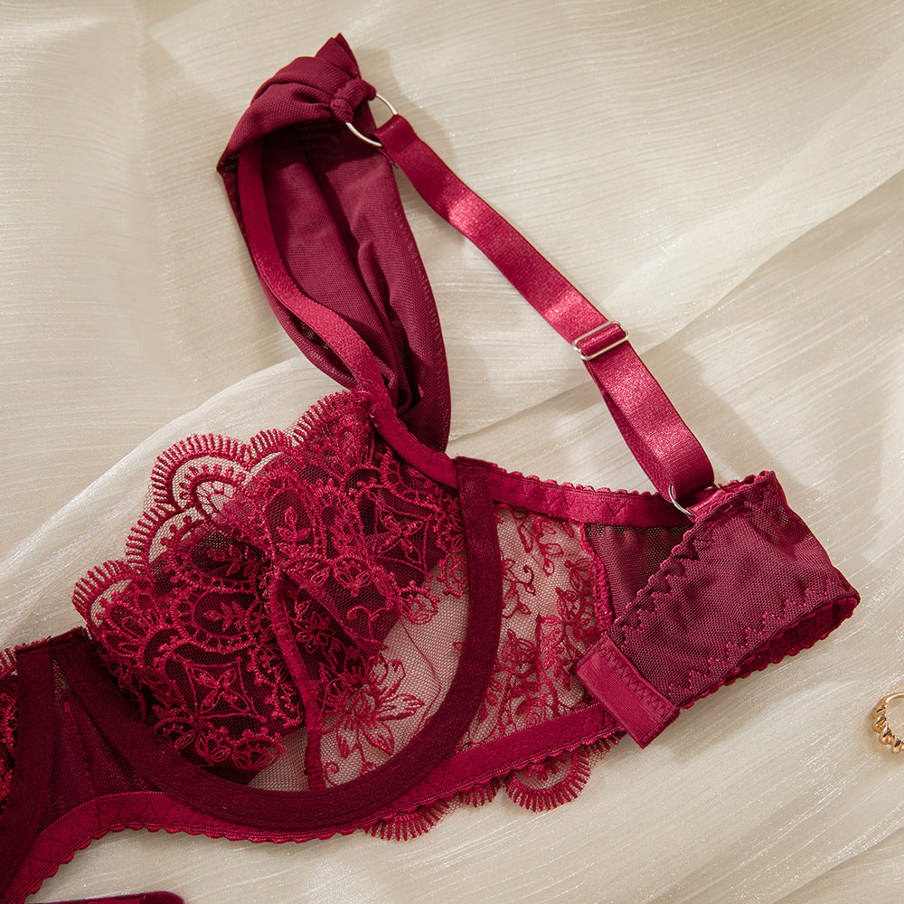 Burgundy Lace Embroidered Lingerie Set | Deep V Gather Bra & Hollow Sheer Briefs