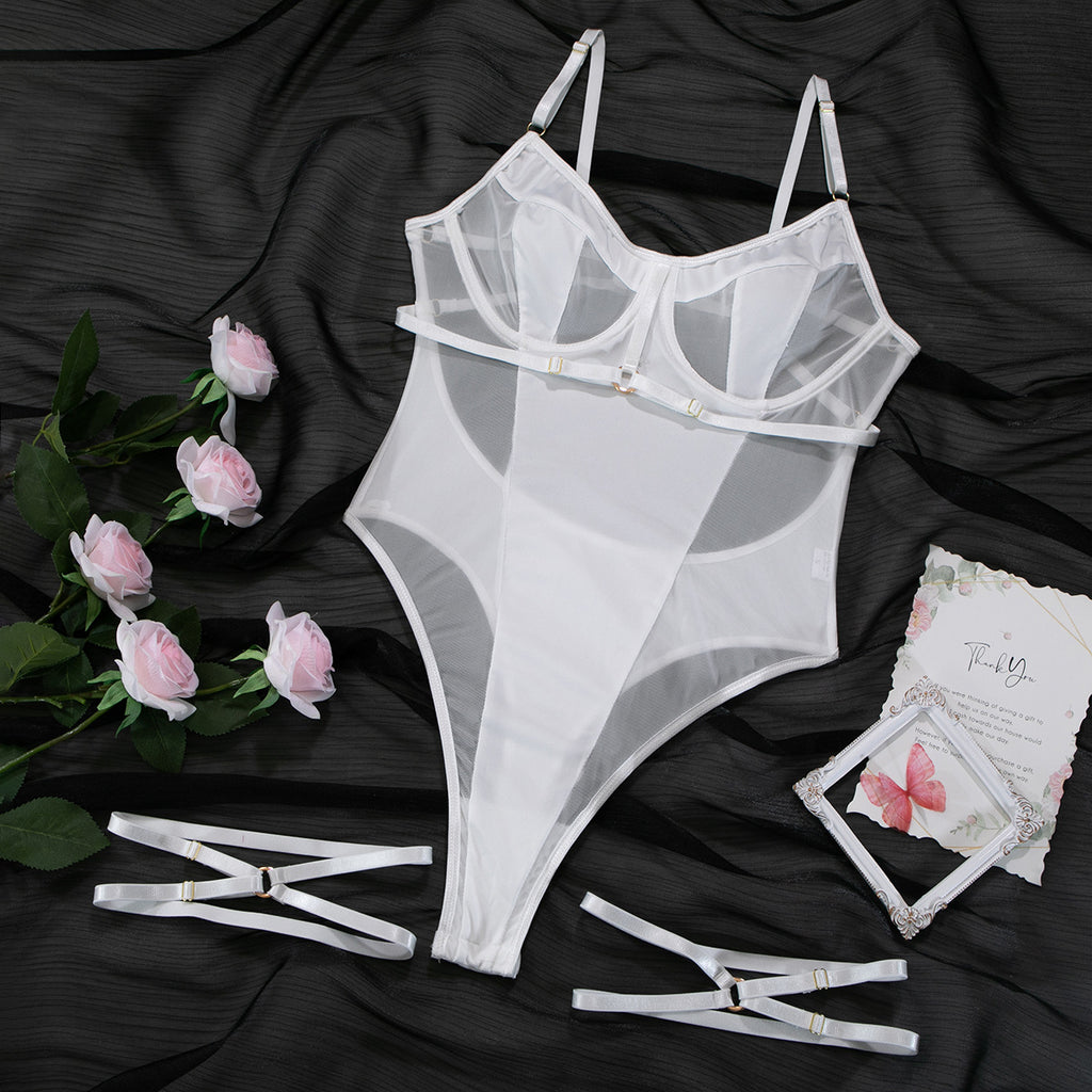 Mesh Patchwork Backless Bodysuit | Sexy Leg Ring Jumpsuit