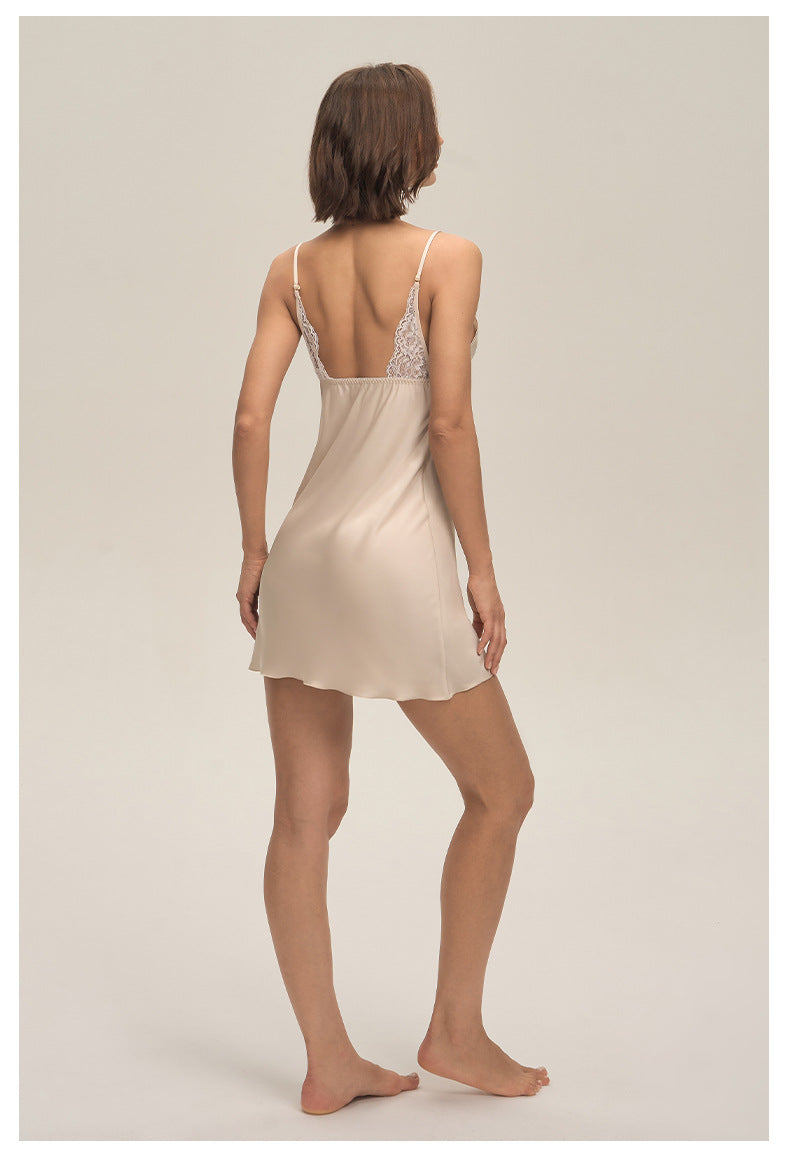 Lace Slim Satin Chiffon Backless Spaghetti Strap Nightdress — Sexy Loungewear